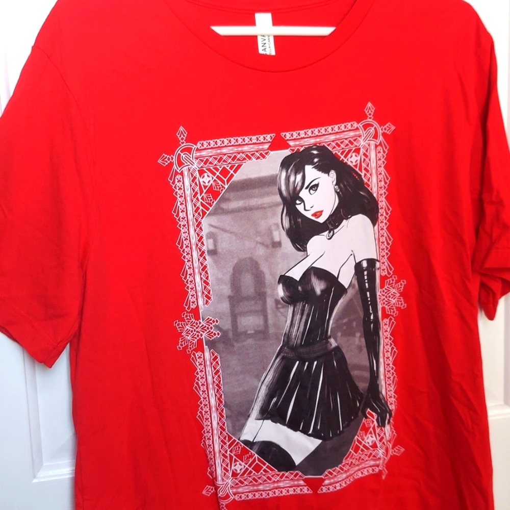Red tshirt black latex leather skirt gloves girls